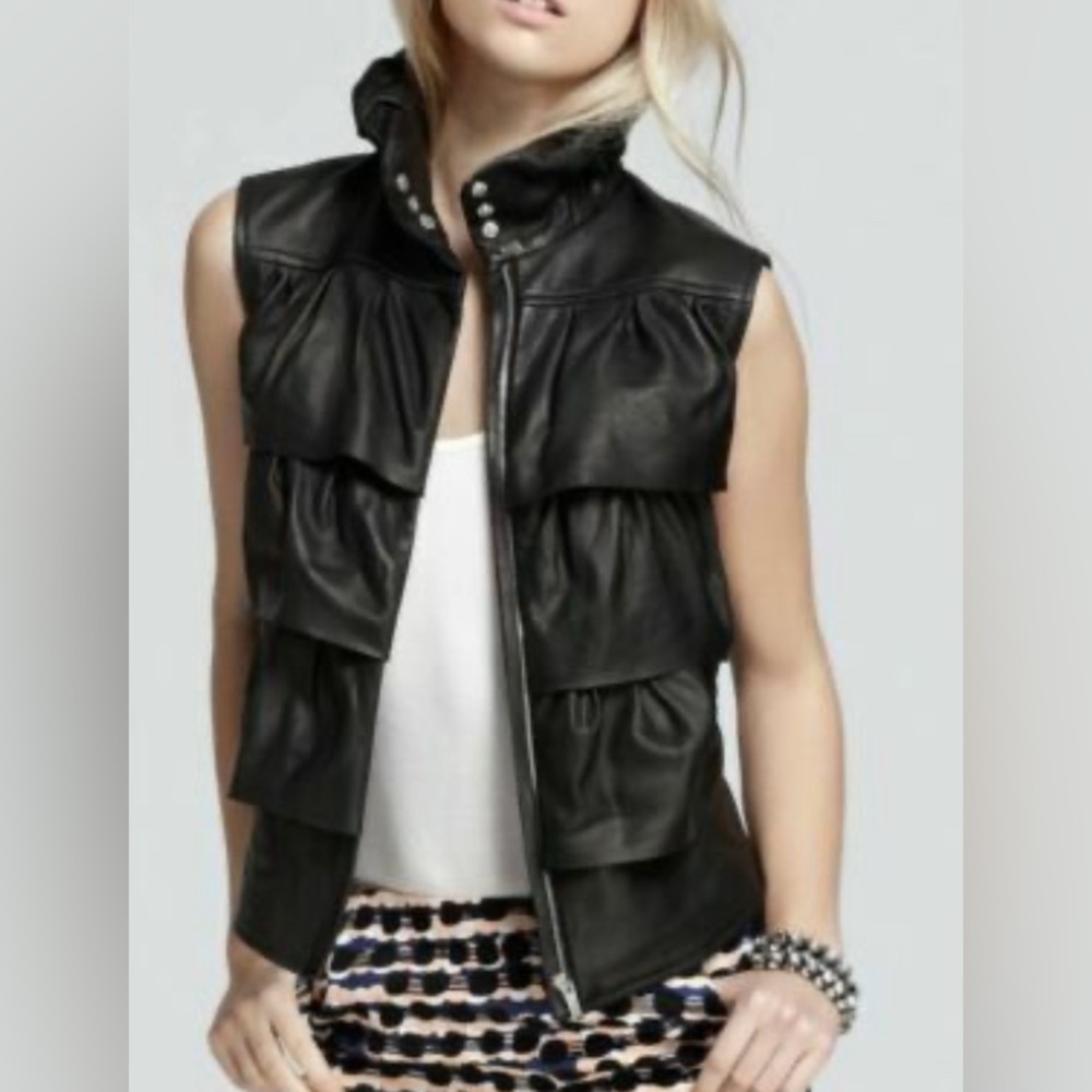 100% leather black Cupcake Bomber Ruffle Vest by DIANE von FURSTENBERG Size L